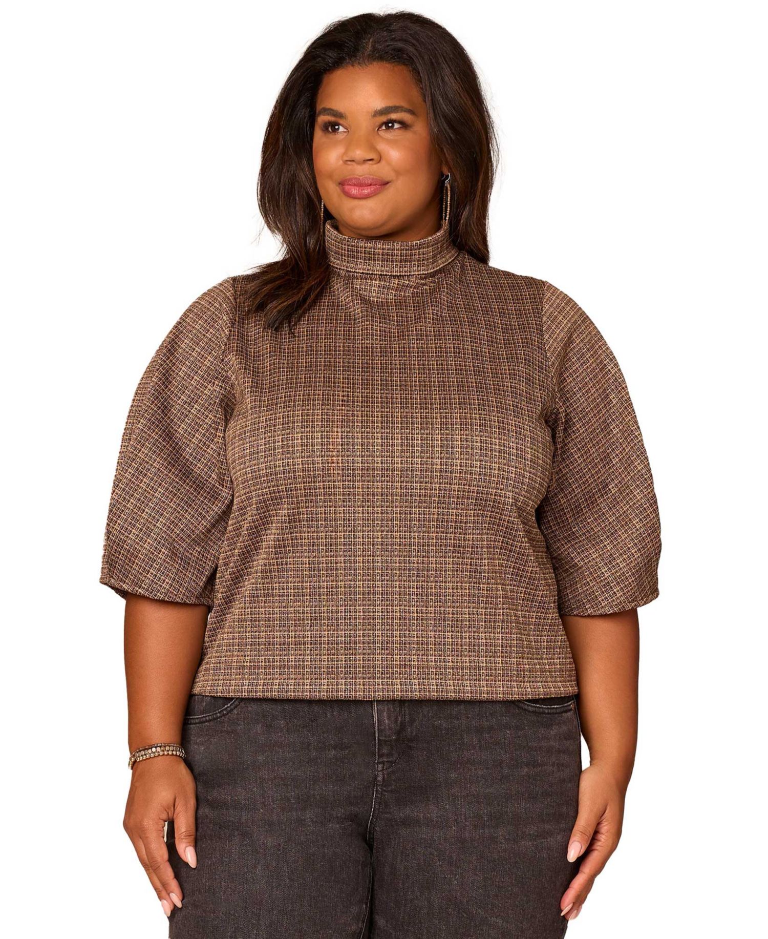 Plus Size Pleated Elbow Sleeve Mock Neck Crop Top
