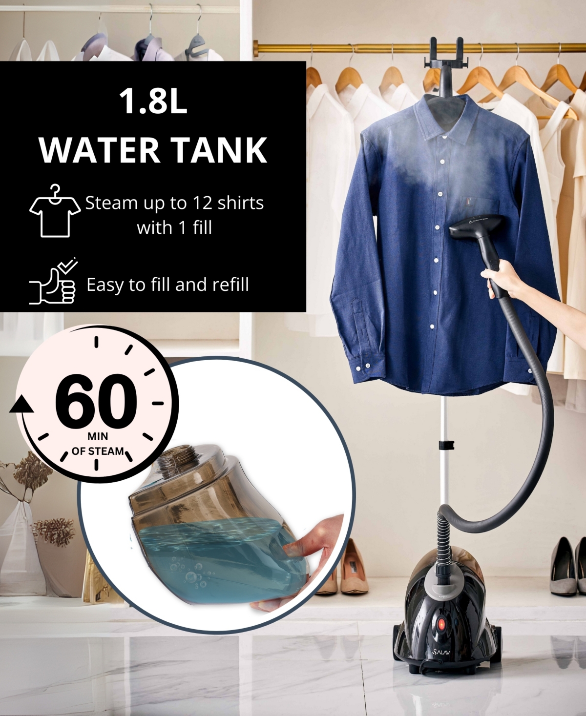 Salav Smart Auto-Off Upright 65" Garment Steamer