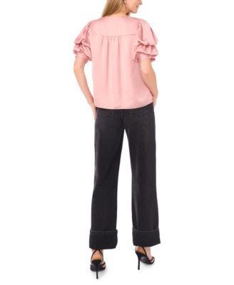 Women's Short Bubble Sleeve V-Neck Top