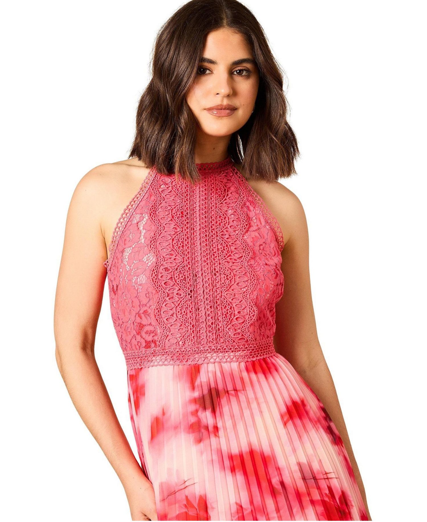 Women's Printed Lace Mix Halterneck Midi Dress