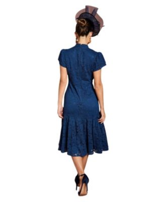 Women's Lace Frill Sleeve High Neck Midi Dress