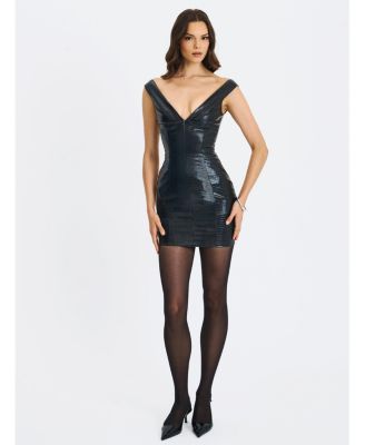 Women's Quilia Black Faux Crocodile Leather Plunge Mini Dress