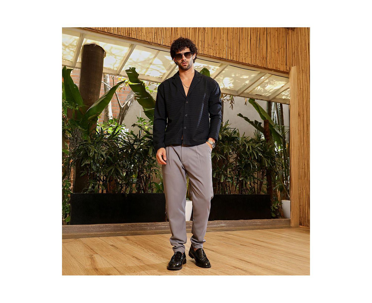 Men's Onyx Black Striped Cuban Shirt