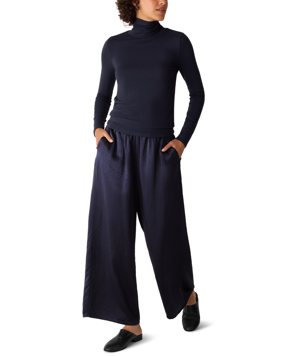 Eileen Fisher Turtleneck Stretch Organic Cotton Blend Top In Blue