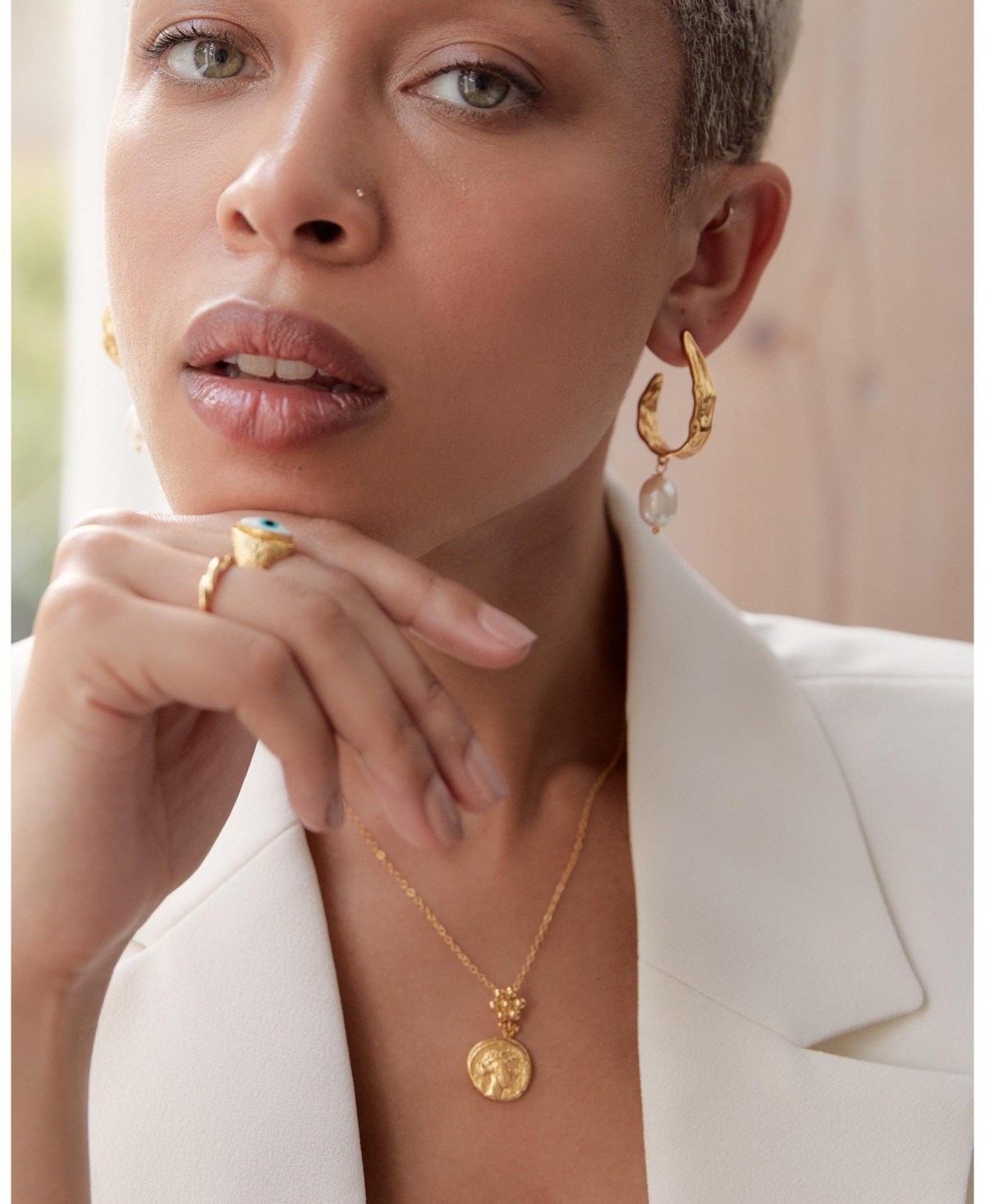 Ottoman Hands Goddess Demeter Coin Stud Earrings