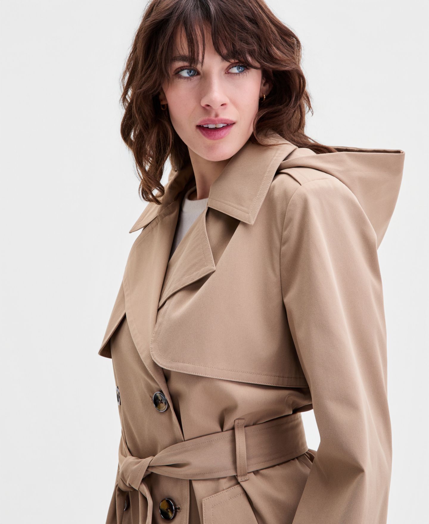 Женское пальто London Fog Short Double-Breasted Belted Trench, цвет: Хаки — фото 3