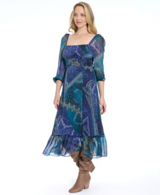 Women's Bishop Sleeve Smocked Back Midi Dress