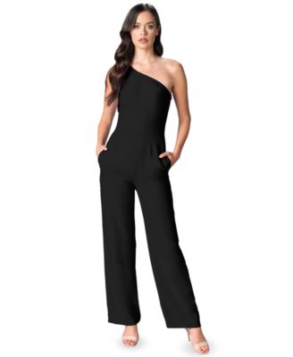 Dress the Population - Women's Tiffany Bow-Trim One-Shoulder Jumpsuit