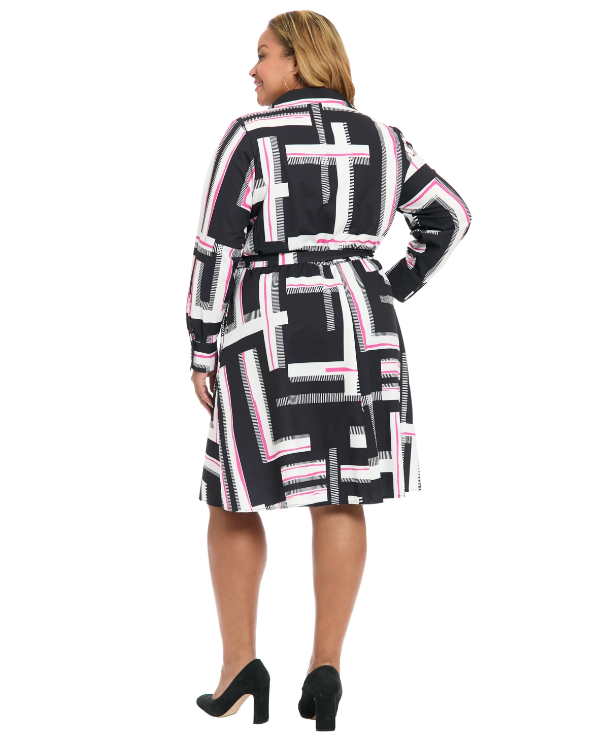 London Times Plus Size Long-sleeve Printed Shirt Dress In Multi