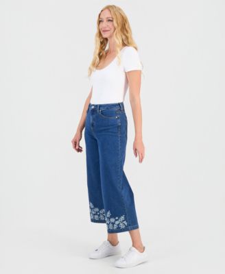 Women's Embroidered High-Rise Wide Leg Cropped Jeans, Macy's Exclusive