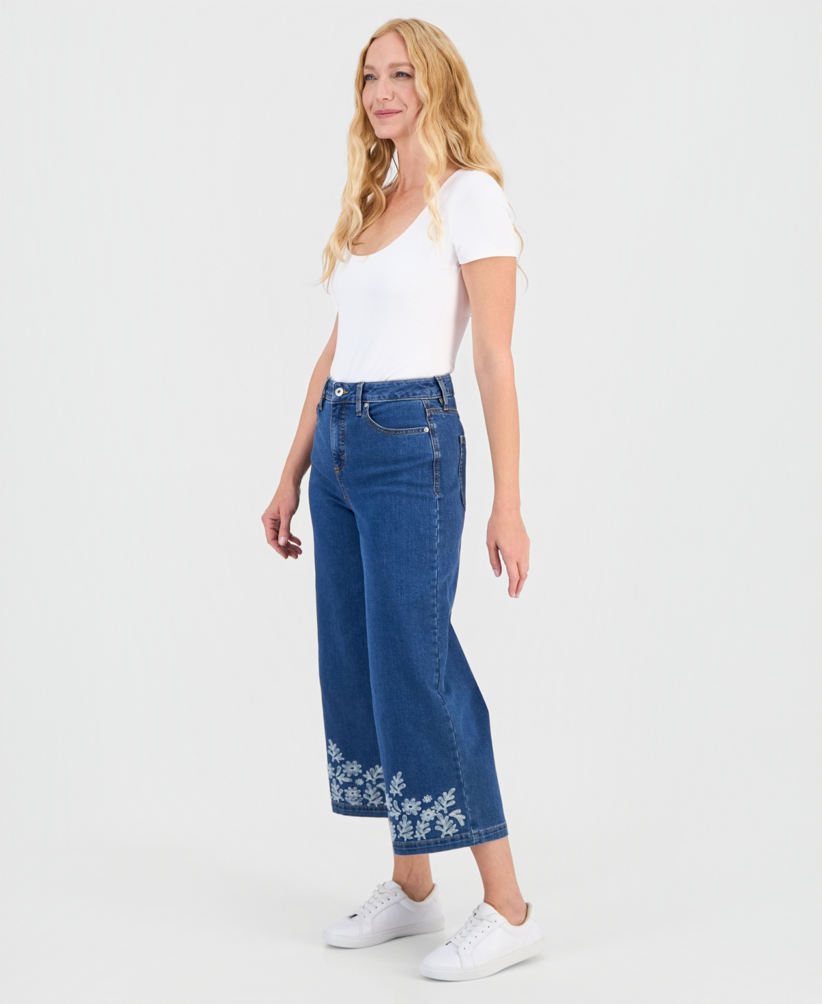 Style & Co Women's Embroidered High-rise Wide Leg Cropped Jeans, Macy's Exclusive In Blue