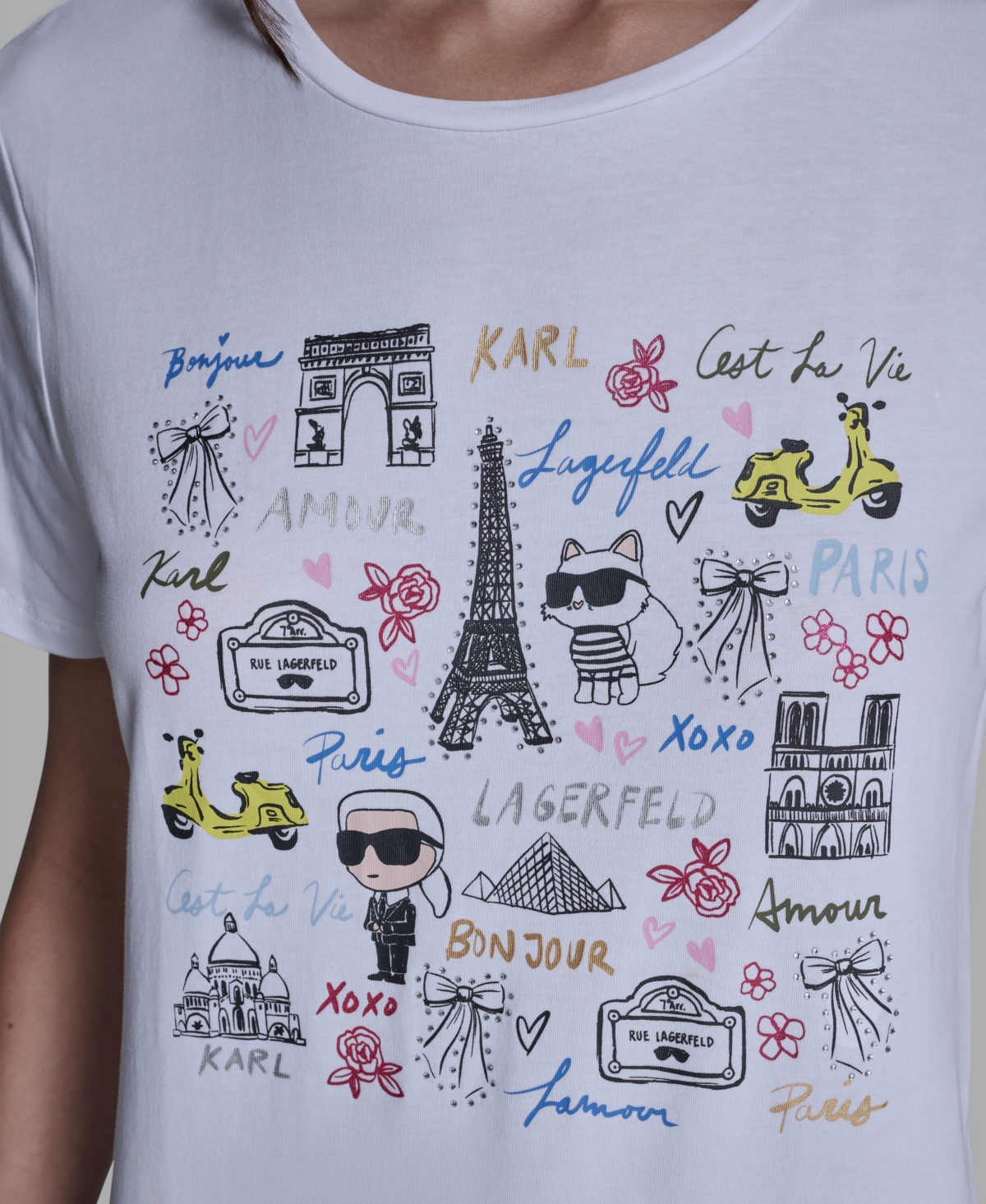 Karl Lagerfeld Paris Women's Mixed Motif Printed T-Shirt