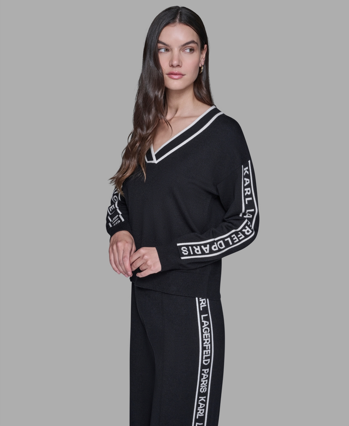 Karl Lagerfeld Women's Logo Tape V-neck Sweater In Black