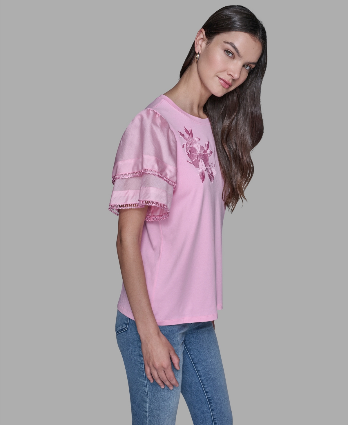 Karl Lagerfeld Floral Knit Flutter Sleeve Top In Pink