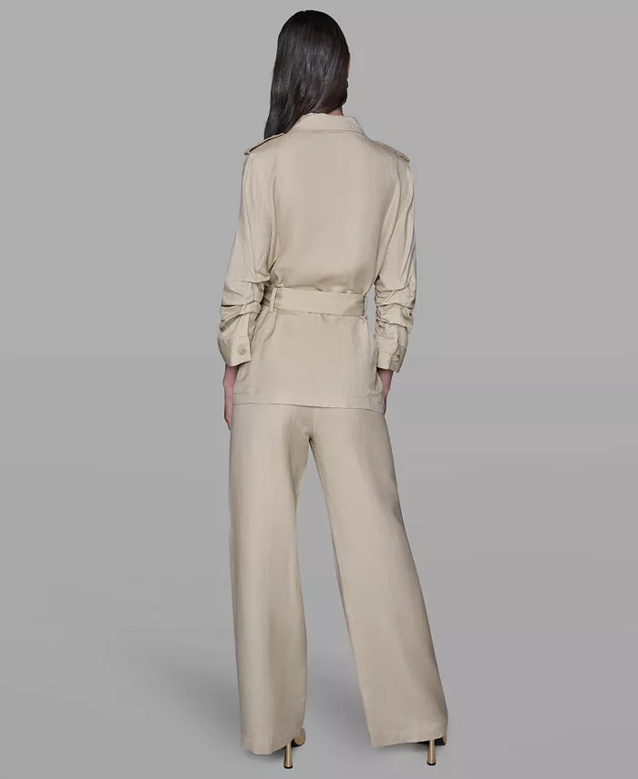 Women's Collared Linen-Blend Belted Jacket - thumbnail 6