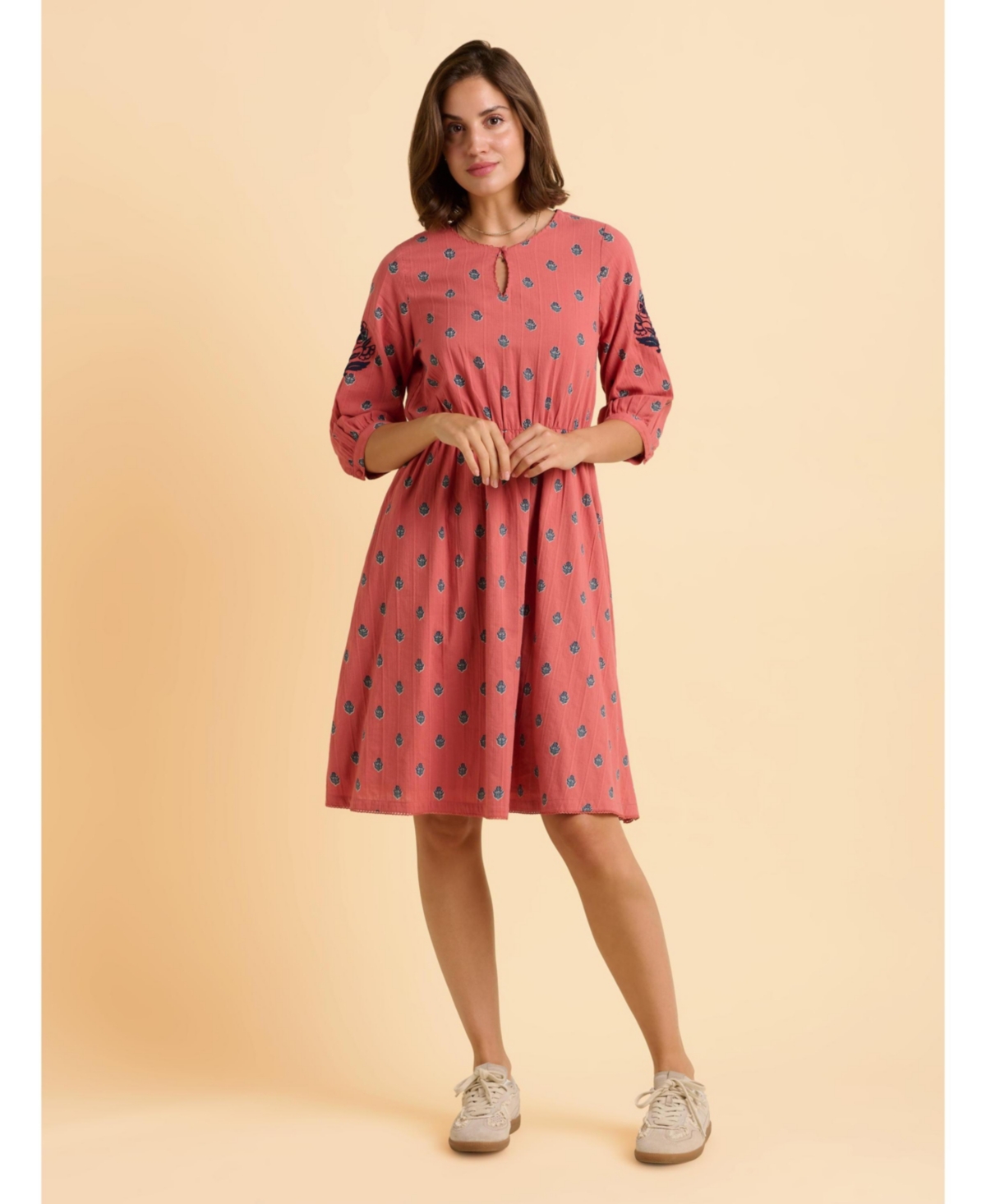 Brakeburn Women's Rolling 3/4 Sleeve Round Neck Midi Dress