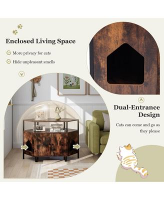 Corner Cat Litter Box Enclosure End Table w/ Open Shelf 2 Entries Double Doors