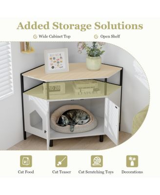Corner Cat Litter Box Enclosure End Table w/ Open Shelf 2 Entries Double Doors