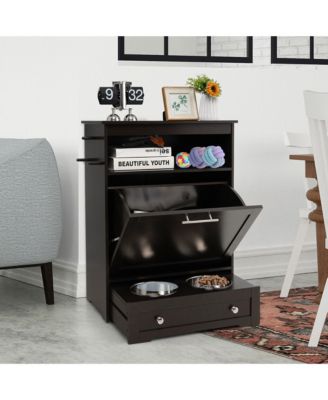 Pet Feeding Station Furniture w/ Double Pull Out Dog Bowl Food Cabinet