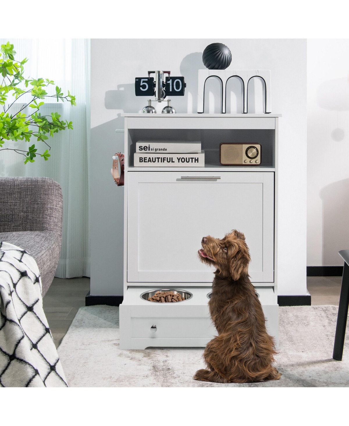 Gymax Pet Feeding Station Furniture w/ Double Pull Out Dog Bowl Food Cabinet