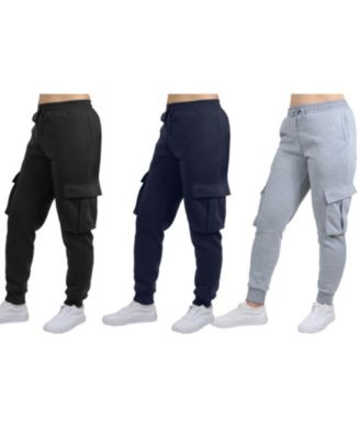 Women's Loose Fit Fleece Jogger Sweatpants with Velcro Cargo Pockets-3 Pack