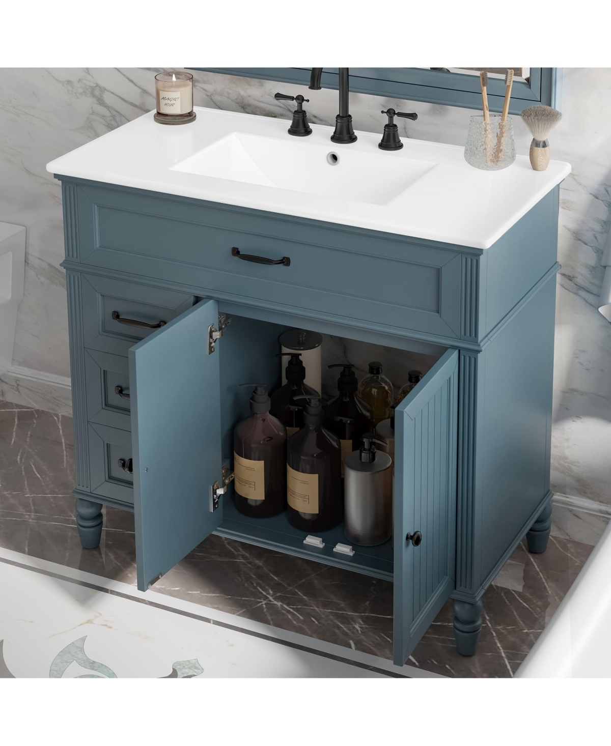 Boyel Living 36" Bathroom Vanity with Sink, Blue Bathroom Cabinet with Drawers, Solid Frame and Mdf Board