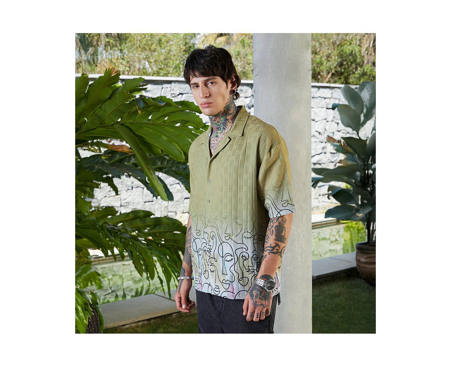 Men's Pistachio Green Faces-Ombre Oversized Shirt