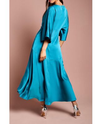 Women's Satin Crepe Ruffle Wrap Midi Dress