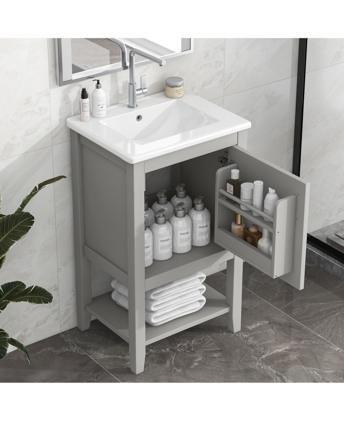 20" Bathroom Vanity with Sink, Cabinet Soft Closing Door, Storage Rack and Open Shelf, White