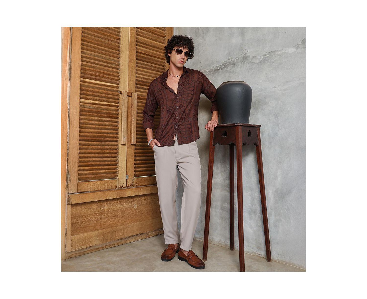 Men's Russet Brown Aztec-Imprint Shirt