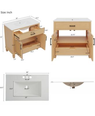 36" Rattan Bathroom Vanity with Ceramic Sink, Soft-Close Doors & Large Storage, Free-Standing Solid Wood Design, Natural