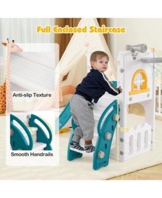 6-in-1 Toddler Slide L-shaped Playground with Basketball Hoop and Ladder