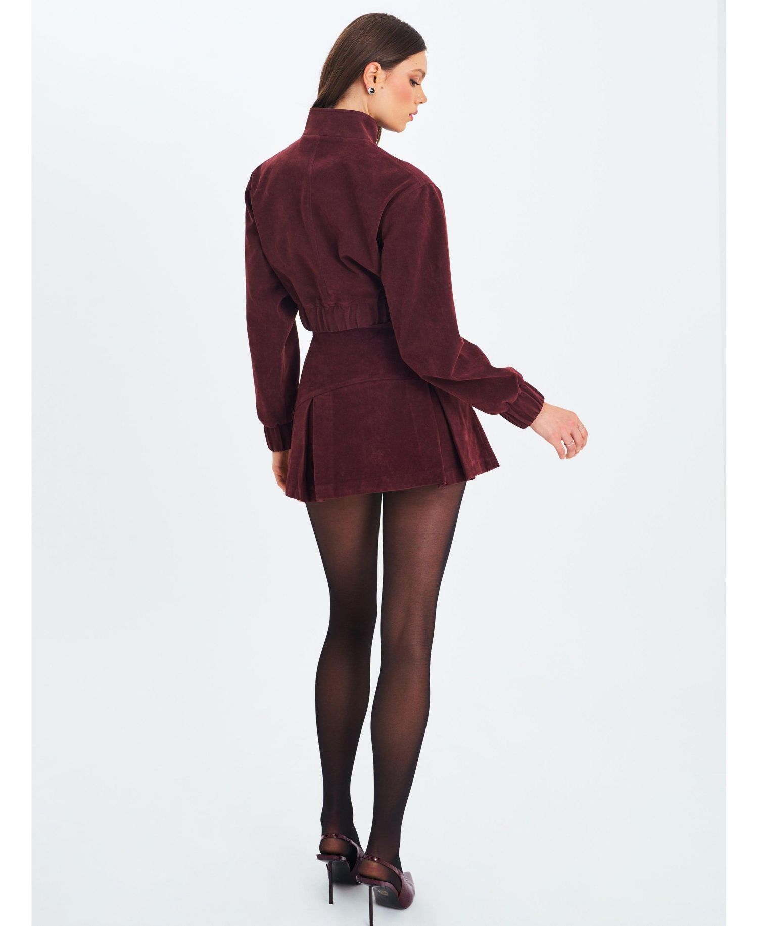 Women Farryn Mahogany Faux Suede Cropped Bomber Jacket
