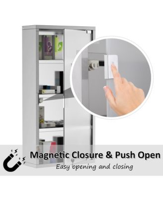 Wall Mounted Medicine Cabinet Locking Storage Cabinet with 4 Tier Shelves Stainless Steel Frame Glass Door