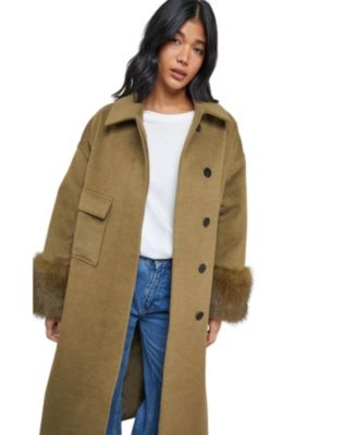 Women's Patch Pocket Faux Fur Cuff Maxi Coat