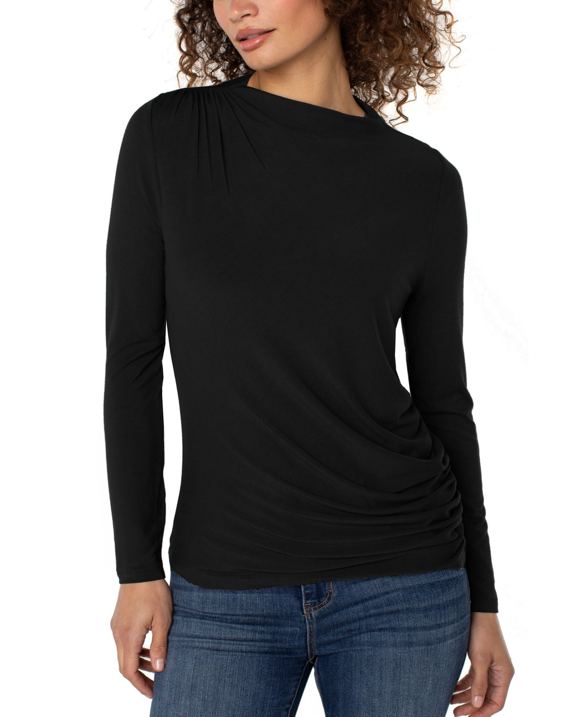 Liverpool Los Angeles Women's Mock-Neck Long-Sleeve Shirred Knit Top