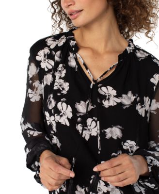 Women's Long-Sleeve Popover Shirred Woven Blouse