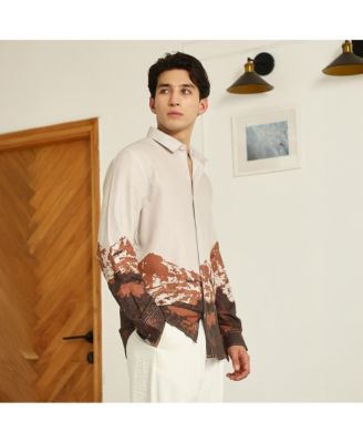 Men's Beige Rayon Shirt With Abstract Mountain Print