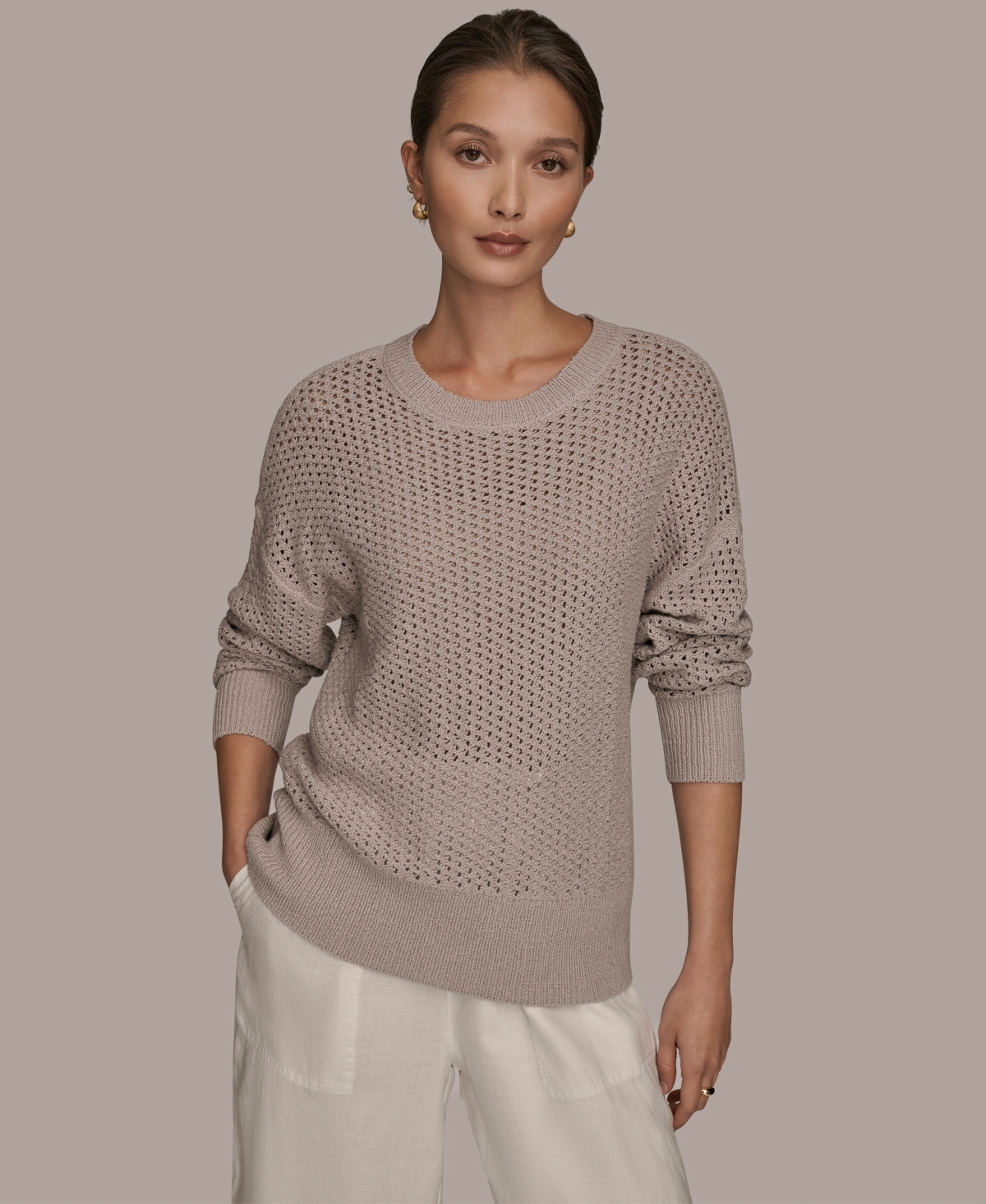 Donna Karan Weekend Women's Open Stitch Crewneck Sweater In Neutral