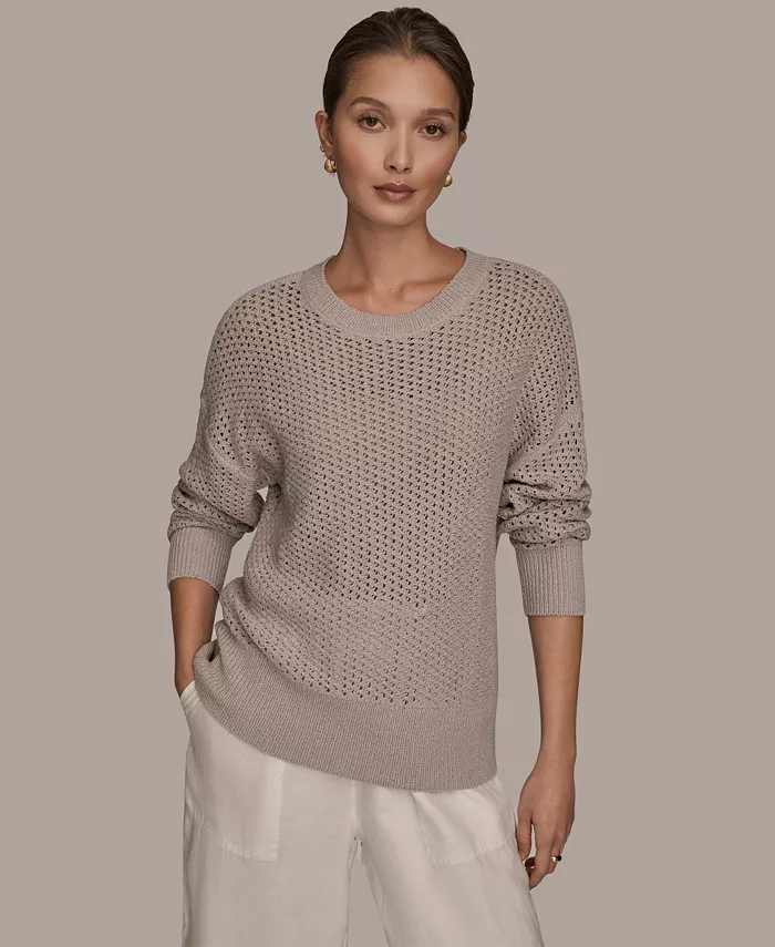 Women's Bracelet Sleeve Open Stitch Cotton Blend Crewneck Sweater - thumbnail 2