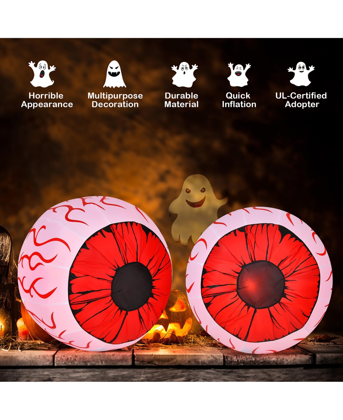 2 Pack 3 Ft Halloween Inflatable Eyeballs w/ Air Blower & Red Led Lights