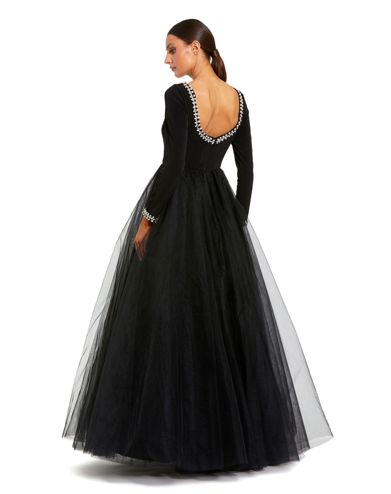 Women's Embellished Jersey Long Sleeve Ballgown With Tulle Skirt