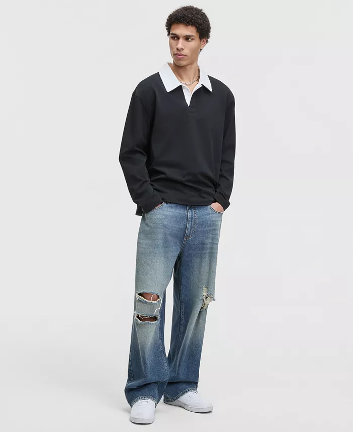 Men's Cotton Contrast-Collar Relaxed Rugby Polo Shirt - thumbnail 10