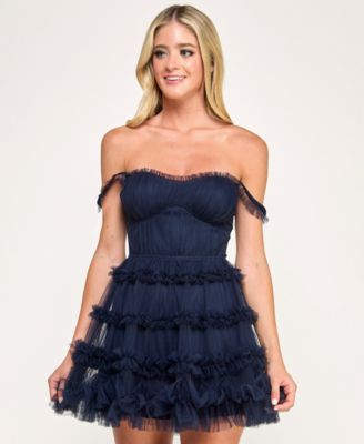 Juniors' Strapless Tiered Mesh Mini Dress