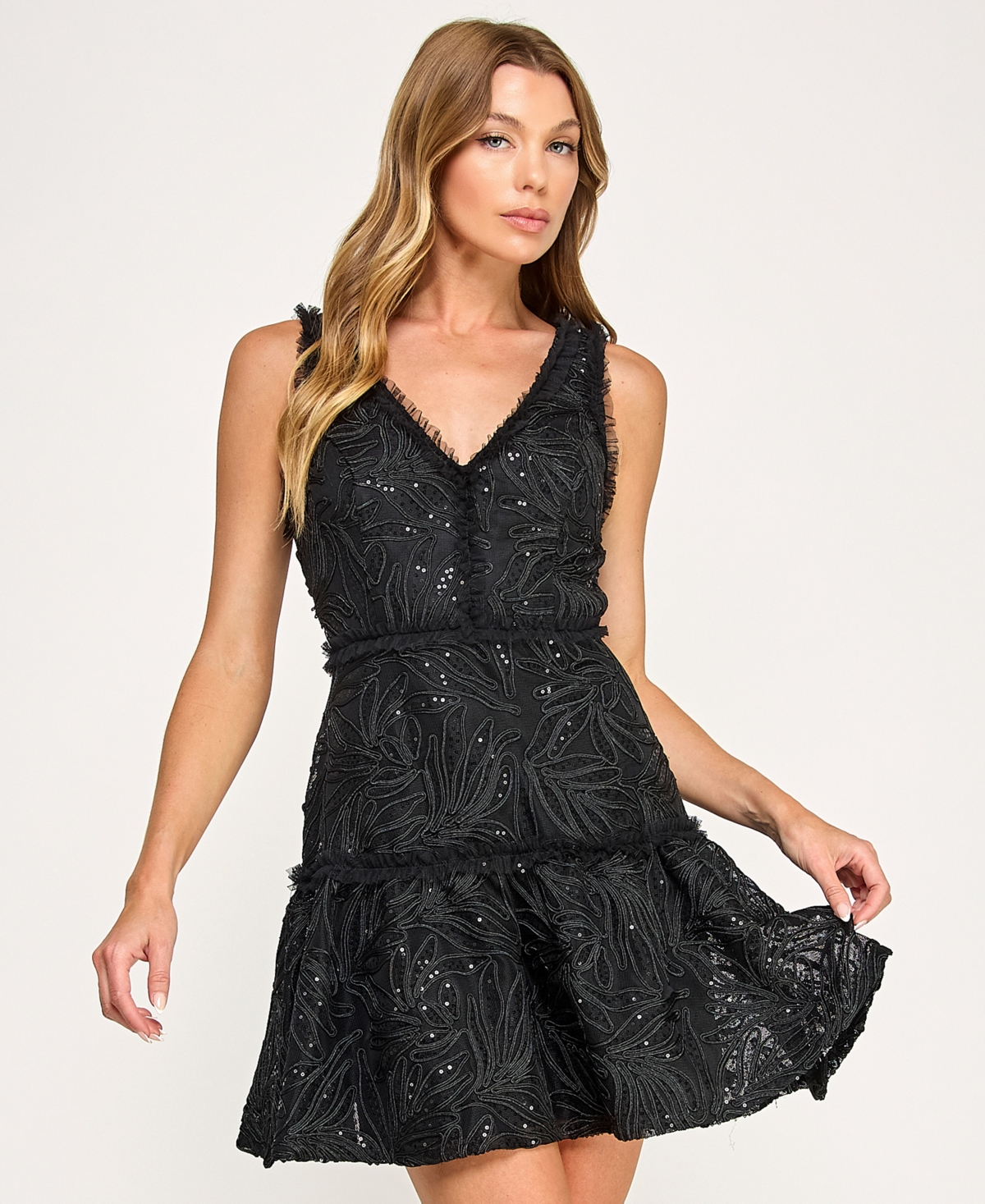 Seni & Cade Juniors' Corded Sequin Ruffle Dress In Black