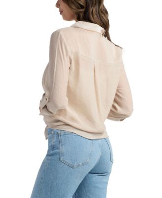 Juniors' Gauzy Texture Collared Button Up Shirt