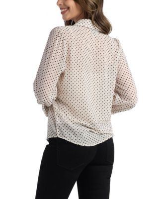 Juniors' Flocked Dot Long-Sleeve Shirt