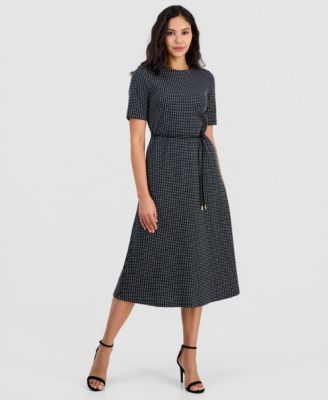 Women's Elbow-Sleeve Tie-Waist Midi Dress