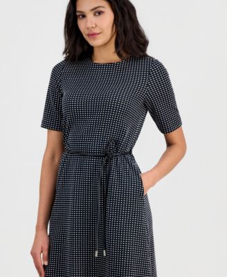 Women's Elbow-Sleeve Tie-Waist Midi Dress