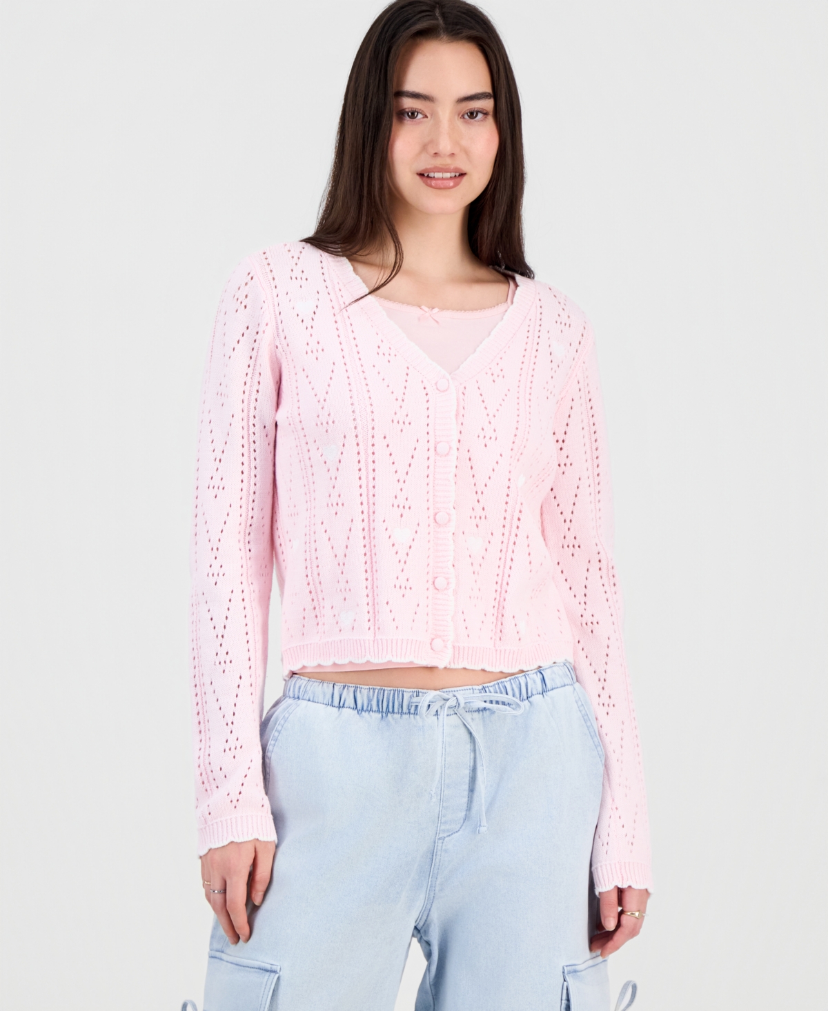 Hooked Up by Iot Juniors' Pointelle Embroidered Cardigan